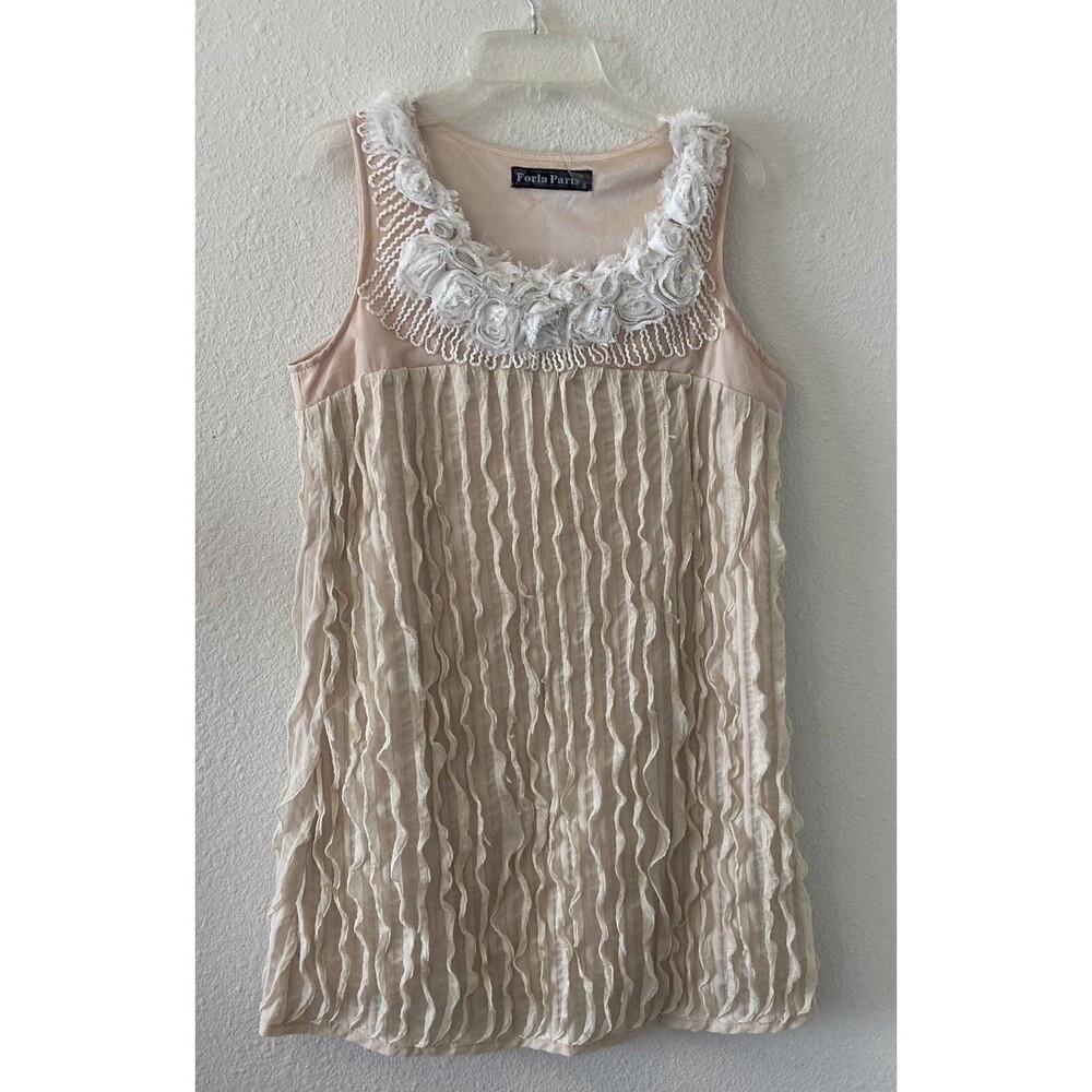 Forla Paris Women's Mini Dress Tan Floral Embellished Textured Shift Sz Sm Boho